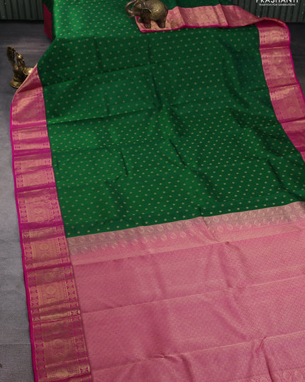 Pure kanchipuram silk saree green and pink with allover zari woven 1000 buttas and temple design zari woven border