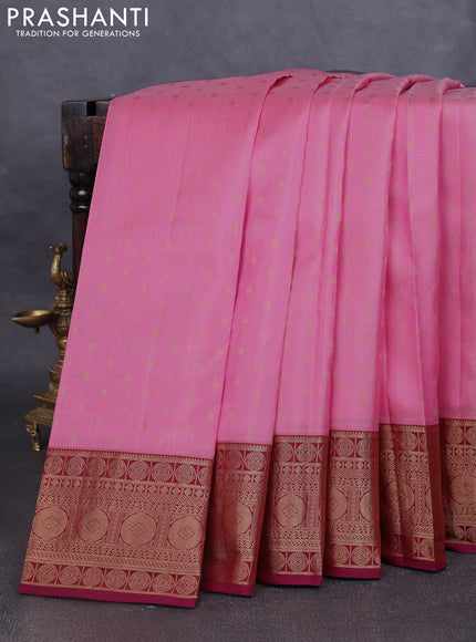 Pure kanchipuram silk saree light pink and maroon with allover zari woven 1000 buttas and temple design zari woven border