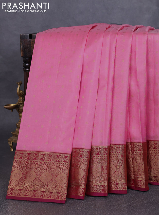 Pure kanchipuram silk saree light pink and maroon with allover zari woven 1000 buttas and temple design zari woven border