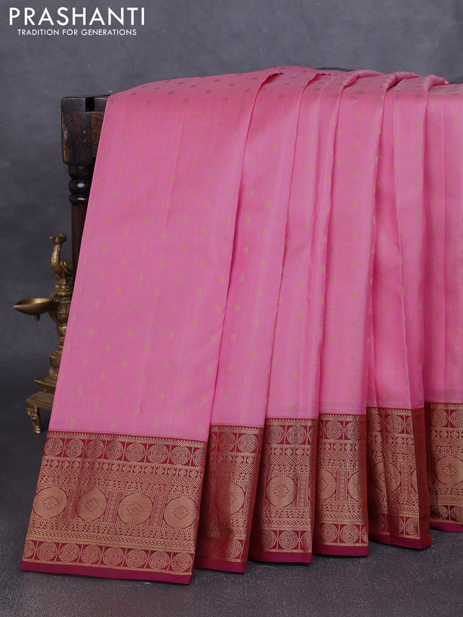 Pure kanchipuram silk saree light pink and maroon with allover zari woven 1000 buttas and temple design zari woven border