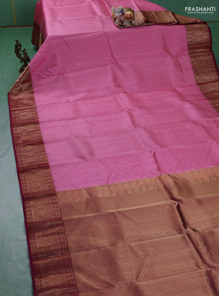 Pure kanchipuram silk saree light pink and maroon with allover zari woven 1000 buttas and temple design zari woven border
