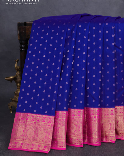 Pure kanchipuram silk saree royal blue and pink with allover zari woven 1000 buttas and temple design zari woven border