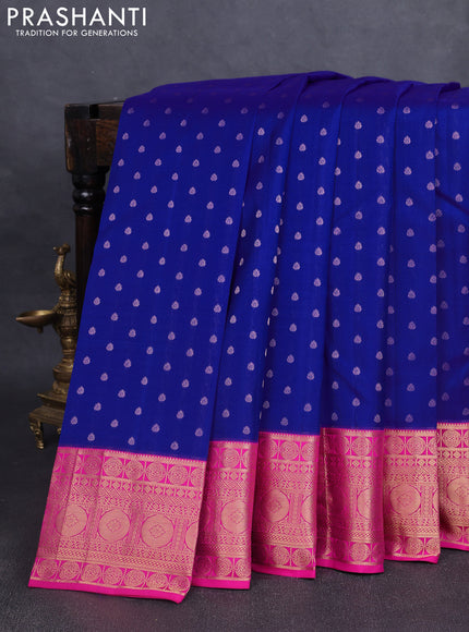 Pure kanchipuram silk saree royal blue and pink with allover zari woven 1000 buttas and temple design zari woven border
