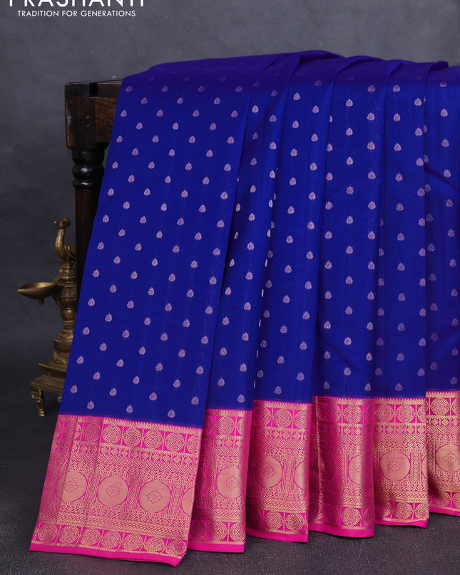 Pure kanchipuram silk saree royal blue and pink with allover zari woven 1000 buttas and temple design zari woven border