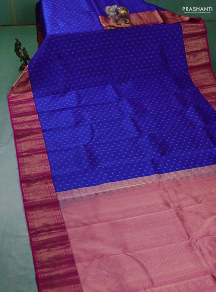 Pure kanchipuram silk saree royal blue and pink with allover zari woven 1000 buttas and temple design zari woven border