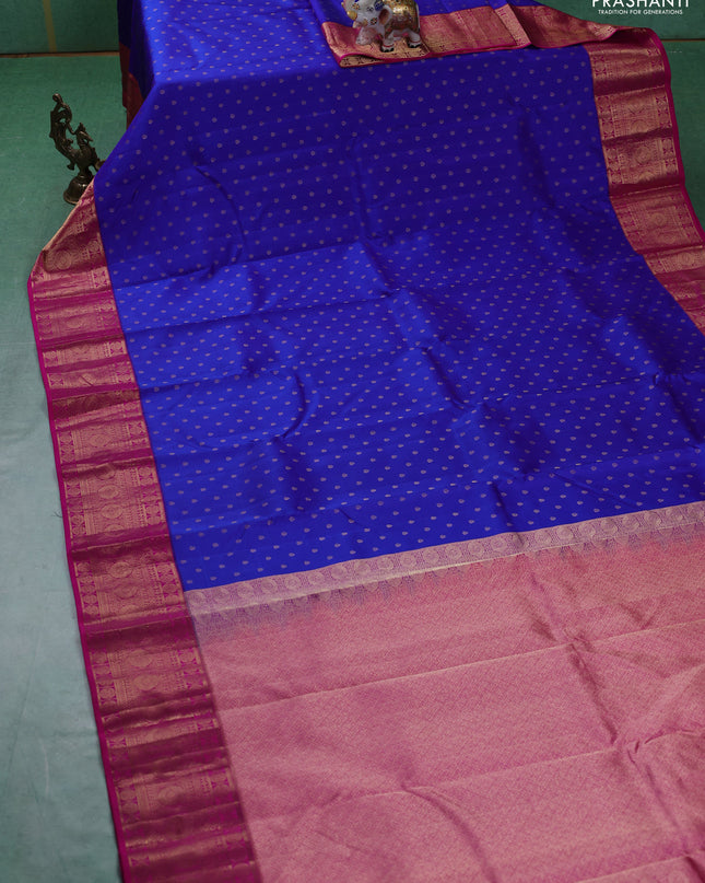 Pure kanchipuram silk saree royal blue and pink with allover zari woven 1000 buttas and temple design zari woven border