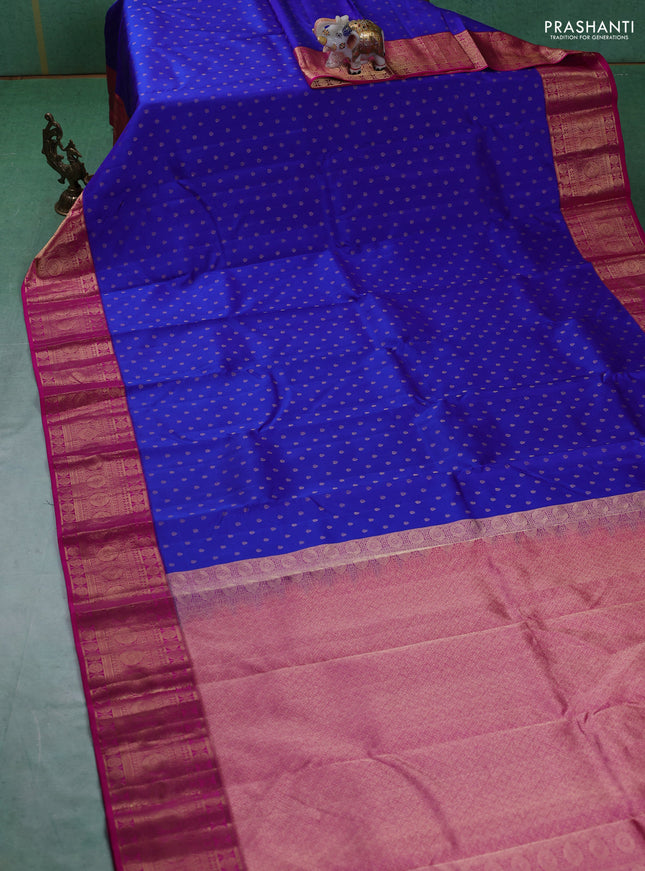 Pure kanchipuram silk saree royal blue and pink with allover zari woven 1000 buttas and temple design zari woven border