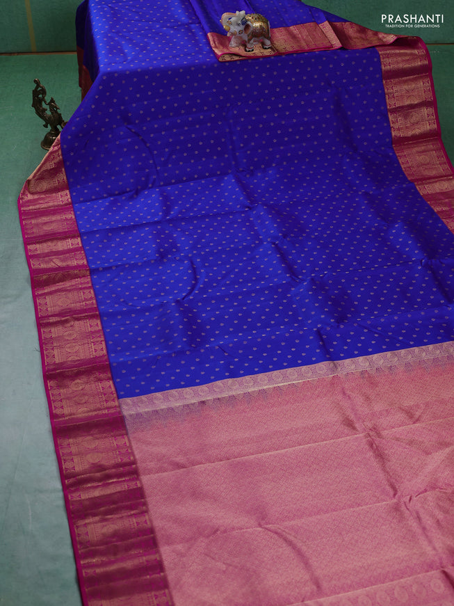 Pure kanchipuram silk saree royal blue and pink with allover zari woven 1000 buttas and temple design zari woven border