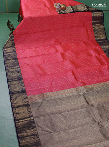 Pure kanchipuram silk saree peach shade and navy blue with allover zari woven 1000 buttas and temple design zari woven border