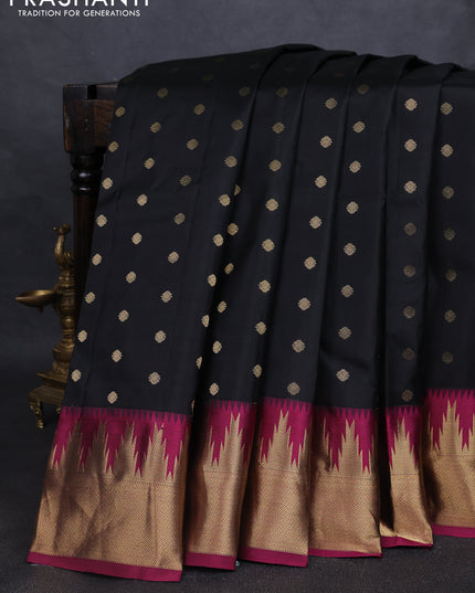 Pure kanchipuram silk saree black and magenta pink with allover zari woven 1000 buttas and temple design zari woven border