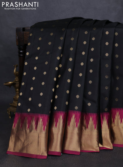 Pure kanchipuram silk saree black and magenta pink with allover zari woven 1000 buttas and temple design zari woven border