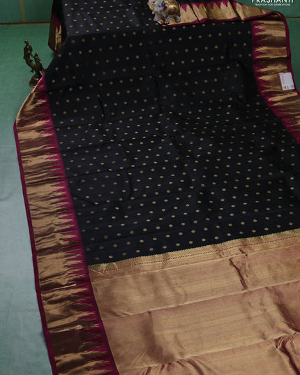 Pure kanchipuram silk saree black and magenta pink with allover zari woven 1000 buttas and temple design zari woven border
