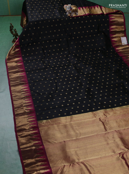 Pure kanchipuram silk saree black and magenta pink with allover zari woven 1000 buttas and temple design zari woven border