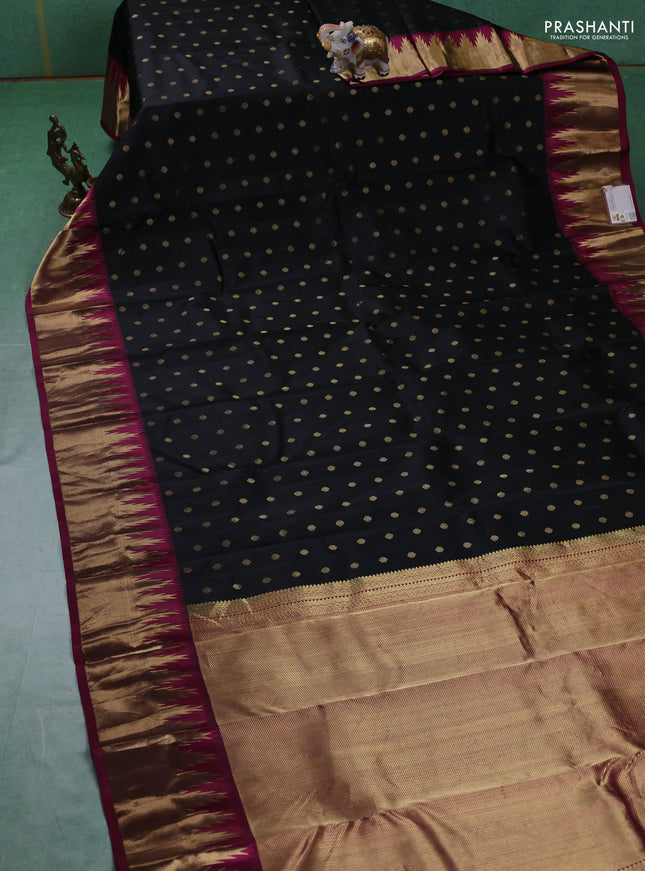 Pure kanchipuram silk saree black and magenta pink with allover zari woven 1000 buttas and temple design zari woven border