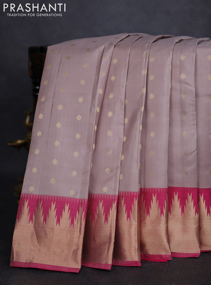 Pure kanchipuram silk saree pastel grey and pink with allover zari woven 1000 buttas and temple design zari woven border