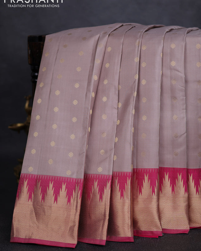 Pure kanchipuram silk saree pastel grey and pink with allover zari woven 1000 buttas and temple design zari woven border