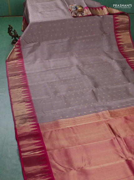 Pure kanchipuram silk saree pastel grey and pink with allover zari woven 1000 buttas and temple design zari woven border