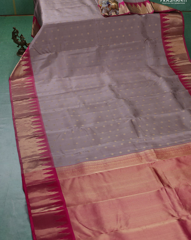 Pure kanchipuram silk saree pastel grey and pink with allover zari woven 1000 buttas and temple design zari woven border