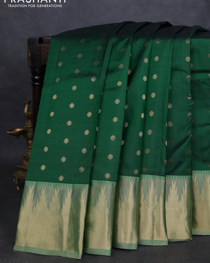 Pure kanchipuram silk saree green and beige with allover zari woven 1000 buttas and temple design zari woven border