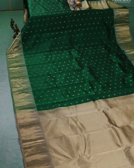 Pure kanchipuram silk saree green and beige with allover zari woven 1000 buttas and temple design zari woven border
