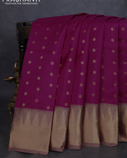 Pure kanchipuram silk saree magenta pink and beige with allover zari woven 1000 buttas and temple design zari woven border