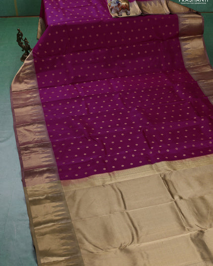 Pure kanchipuram silk saree magenta pink and beige with allover zari woven 1000 buttas and temple design zari woven border