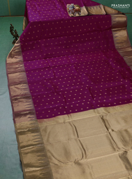 Pure kanchipuram silk saree magenta pink and beige with allover zari woven 1000 buttas and temple design zari woven border