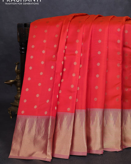 Pure kanchipuram silk saree dual tone orange and beige with allover zari woven 1000 buttas and rich zari woven border
