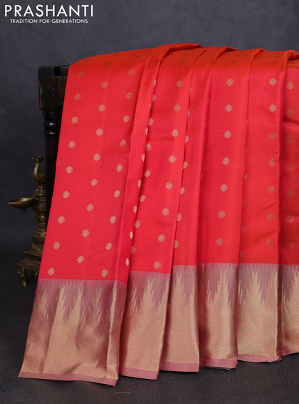 Pure kanchipuram silk saree dual tone orange and beige with allover zari woven 1000 buttas and rich zari woven border