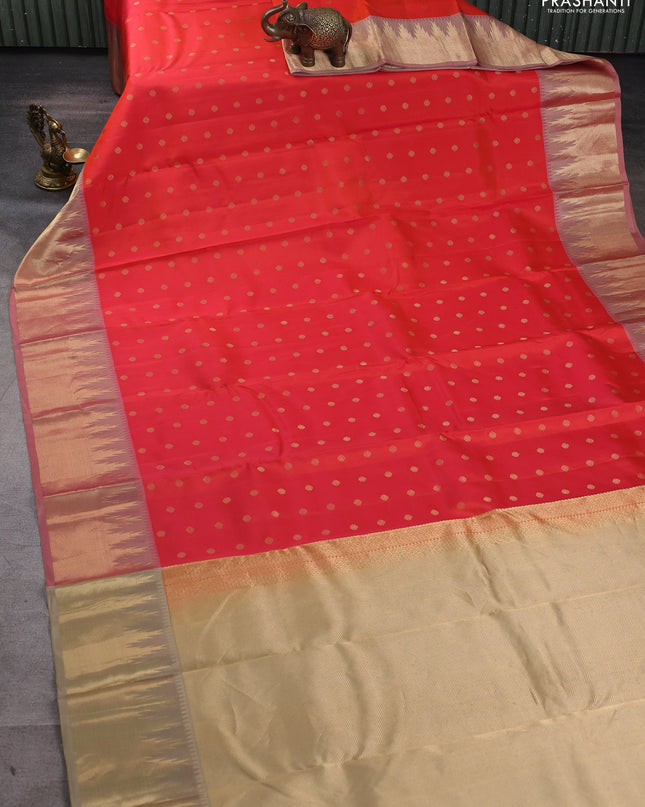 Pure kanchipuram silk saree dual tone orange and beige with allover zari woven 1000 buttas and rich zari woven border
