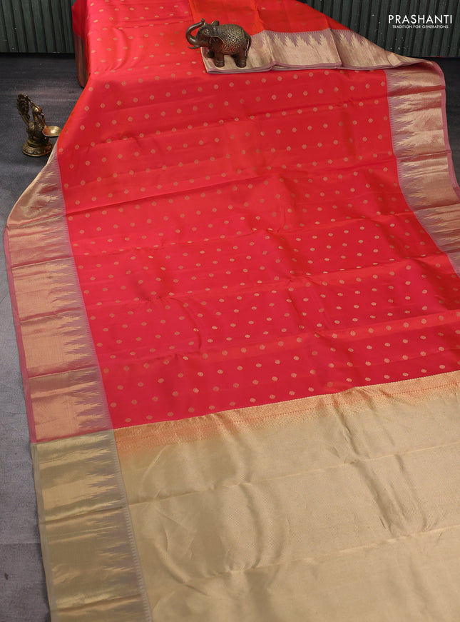 Pure kanchipuram silk saree dual tone orange and beige with allover zari woven 1000 buttas and rich zari woven border