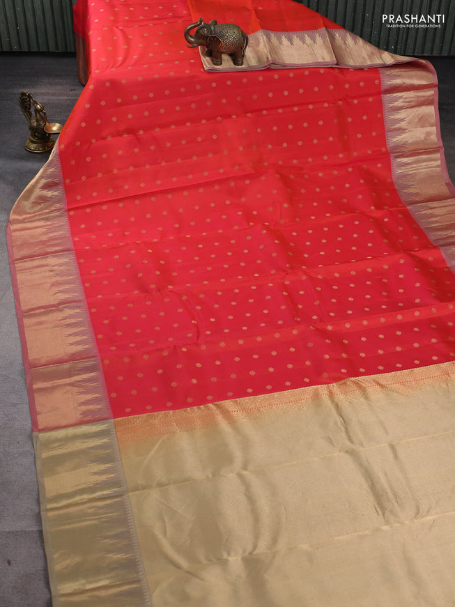 Pure kanchipuram silk saree dual tone orange and beige with allover zari woven 1000 buttas and rich zari woven border