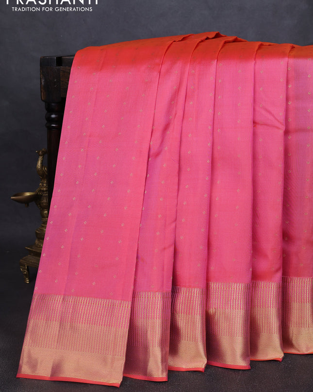 Pure kanchipuram silk saree mild peach pink with allover zari woven 1000 buttas and rich zari woven border