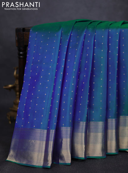 Pure kanchipuram silk saree dual tone bluish green with allover zari woven 1000 buttas and rich zari woven border