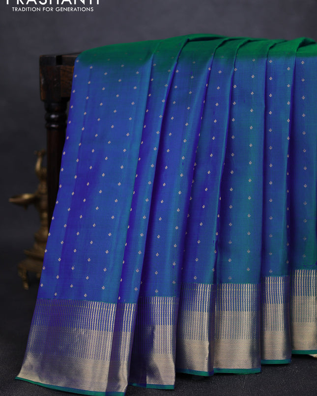 Pure kanchipuram silk saree dual tone bluish green with allover zari woven 1000 buttas and rich zari woven border