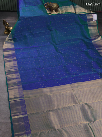 Pure kanchipuram silk saree dual tone bluish green with allover zari woven 1000 buttas and rich zari woven border
