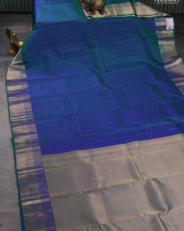 Pure kanchipuram silk saree dual tone bluish green with allover zari woven 1000 buttas and rich zari woven border
