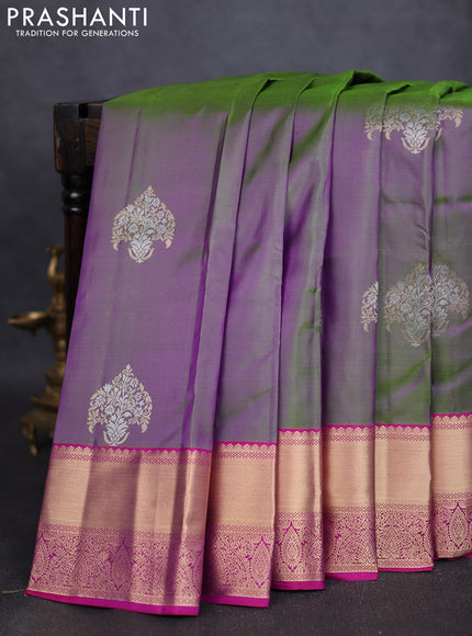 Pure kanchipuram silk saree dual tone greenish purple and magenta pink with silver & gold zari woven buttas and rich zari woven border