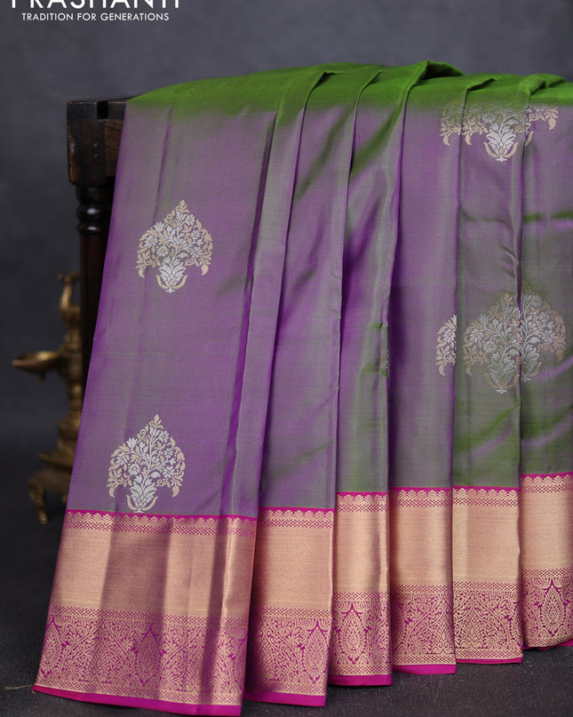 Pure kanchipuram silk saree dual tone greenish purple and magenta pink with silver & gold zari woven buttas and rich zari woven border