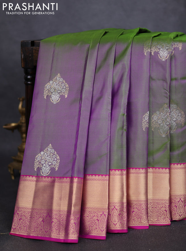 Pure kanchipuram silk saree dual tone greenish purple and magenta pink with silver & gold zari woven buttas and rich zari woven border