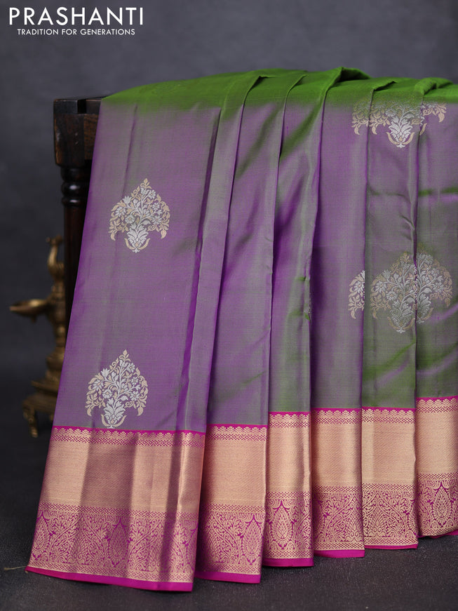 Pure kanchipuram silk saree dual tone greenish purple and magenta pink with silver & gold zari woven buttas and rich zari woven border