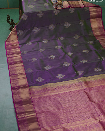Pure kanchipuram silk saree dual tone greenish purple and magenta pink with silver & gold zari woven buttas and rich zari woven border