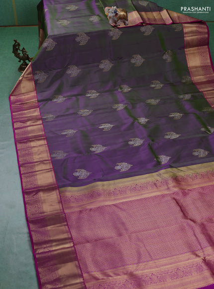 Pure kanchipuram silk saree dual tone greenish purple and magenta pink with silver & gold zari woven buttas and rich zari woven border