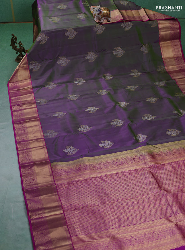 Pure kanchipuram silk saree dual tone greenish purple and magenta pink with silver & gold zari woven buttas and rich zari woven border