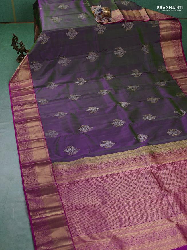 Pure kanchipuram silk saree dual tone greenish purple and magenta pink with silver & gold zari woven buttas and rich zari woven border