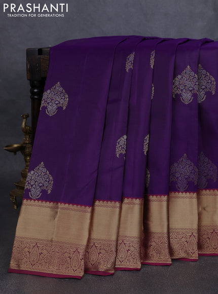 Pure kanchipuram silk saree deep violet and magenta pink with silver & gold zari woven buttas and rich zari woven border