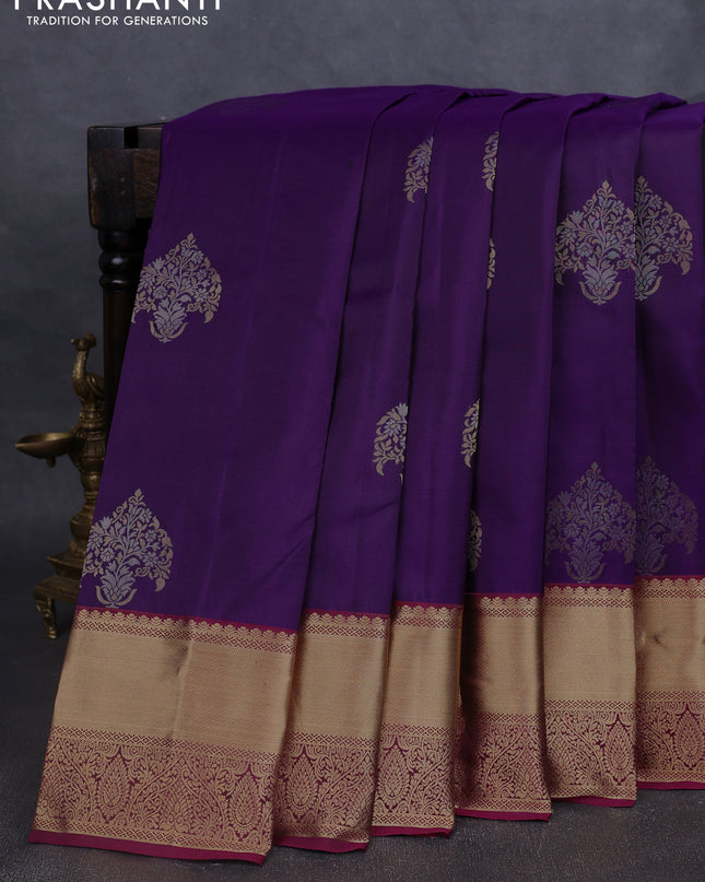 Pure kanchipuram silk saree deep violet and magenta pink with silver & gold zari woven buttas and rich zari woven border