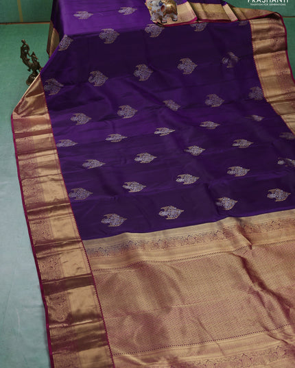 Pure kanchipuram silk saree deep violet and magenta pink with silver & gold zari woven buttas and rich zari woven border