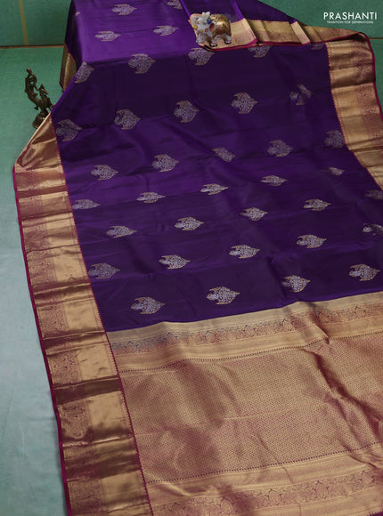 Pure kanchipuram silk saree deep violet and magenta pink with silver & gold zari woven buttas and rich zari woven border