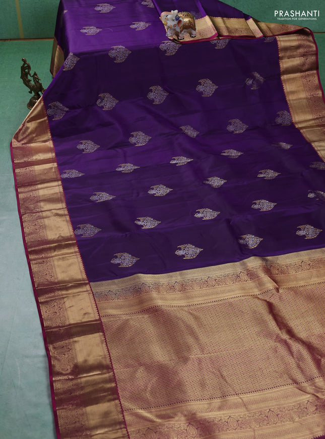 Pure kanchipuram silk saree deep violet and magenta pink with silver & gold zari woven buttas and rich zari woven border